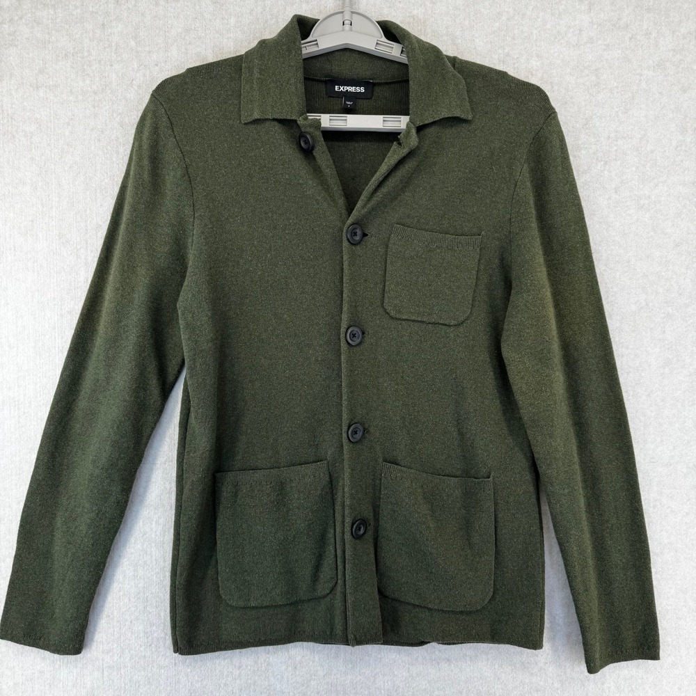 Express Mens Olive Green Cotton Button Front Knit Cardigan Sweater Small